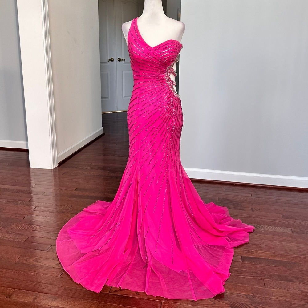 Luxury Sean Collection Pink Beaded Embellished Sexy Cutout Big Bling Gown Dress